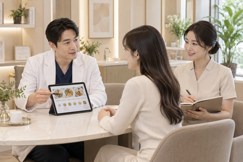 의료진과 관리 담당자 두 명이 고객 한 명의 식단과 생활습관 계획을 함께 상담하는 모습